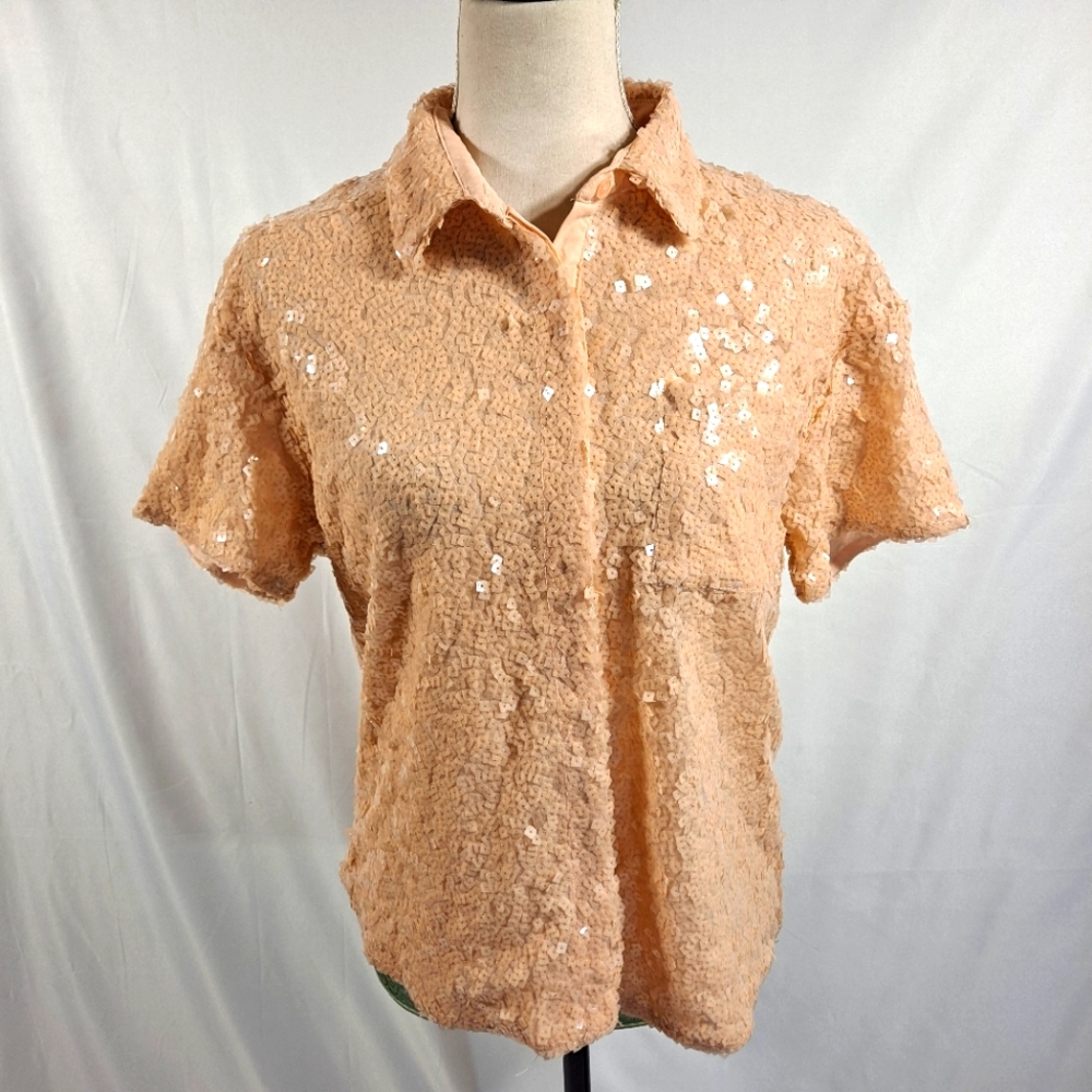 Rehab Peach Sequined Short Sleeve Button Down
